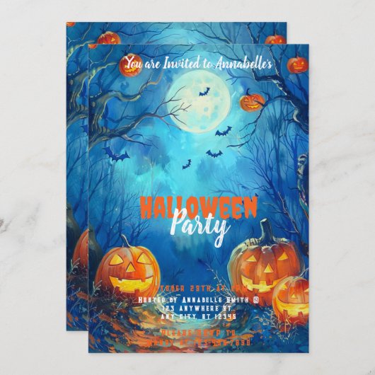 Volle Maan Blauwe Jack-o' Lantaarns Halloween Part Kaart (Voorkant / Achterkant)
