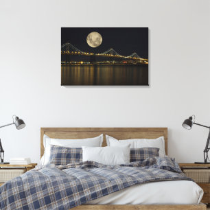 Volle maan boven de Bay Bridge Canvas Afdruk