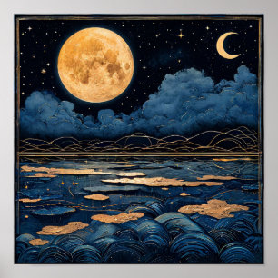 Volle maan boven een meer poster