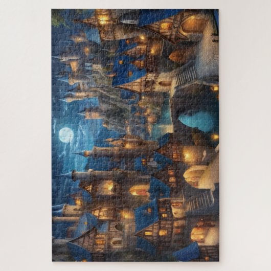 Volle Maan boven Middeleeuwse Stad Legpuzzel (Verticaal)