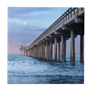 Volle maan boven pier, Californië Tegeltje