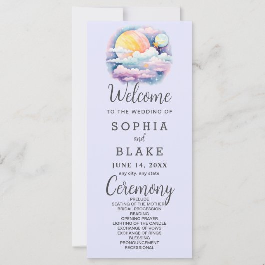 Volle Maan Celestial Stars Lavendel Trouwprogramma (Voorkant)