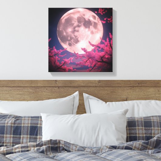 Volle Maan en Kersenbloesems Uitnodiging – Elegant Canvas Afdruk (Insitu (Slaapkamer))