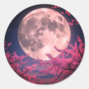 Volle Maan en Kersenbloesems Uitnodiging – Elegant Ronde Sticker