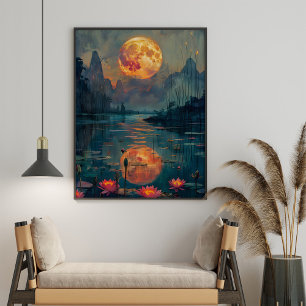 Volle maan en meer met Lotus Flowers schilderij Poster
