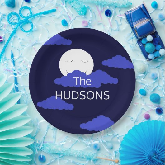 Volle maan glimlachen met donkere wolken: papieren bordje (Feest)