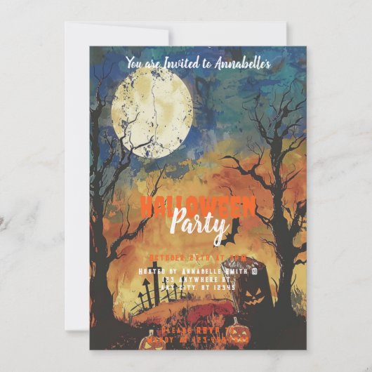 Volle Maan Graveyard Halloween Party Kaart (Voorkant)