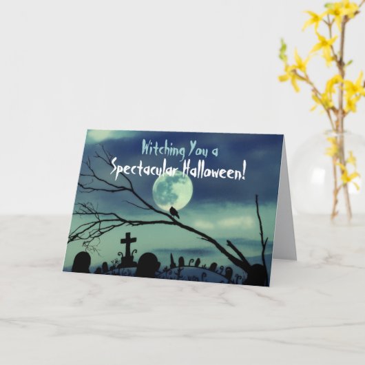 Volle Maan Graveyard Happy Halloween Kaart (Gele Bloem)