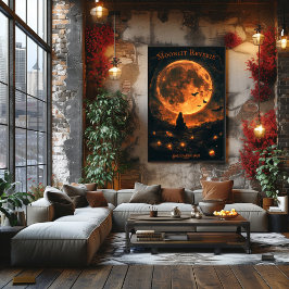 Volle maan Halloween met vleermuizen, kaarsen en n Poster