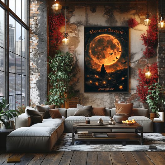 Volle maan Halloween met vleermuizen, kaarsen en n Poster