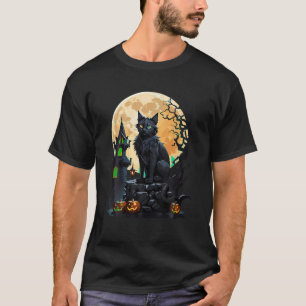 Volle Maan Halloween Zwart Kat Grappige Heks Zwart T-shirt