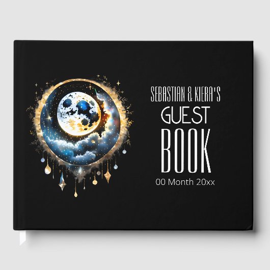 Volle maan hemelse zwart goud blauw luna chic gastenboek (Voorkant)