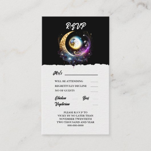 Volle maan hemelse zwarte magenta elegant advieskaart (Voorkant)