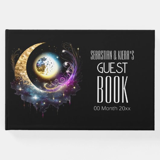 Volle maan hemelse zwarte magenta sterrennacht gastenboek (Voorkant)