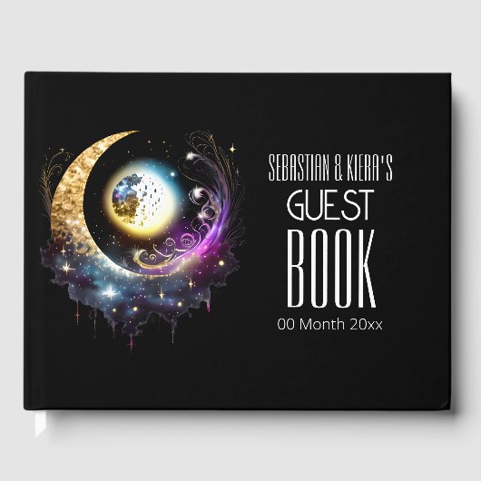 Volle maan hemelse zwarte magenta sterrennacht gastenboek (Voorkant)