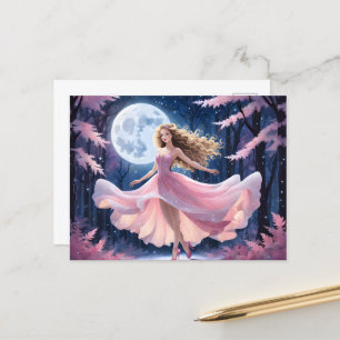 Volle maan meisje in roze jurk briefkaart