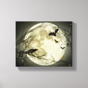 Volle Maan met vleermuizen en Raven. Canvas Afdruk
