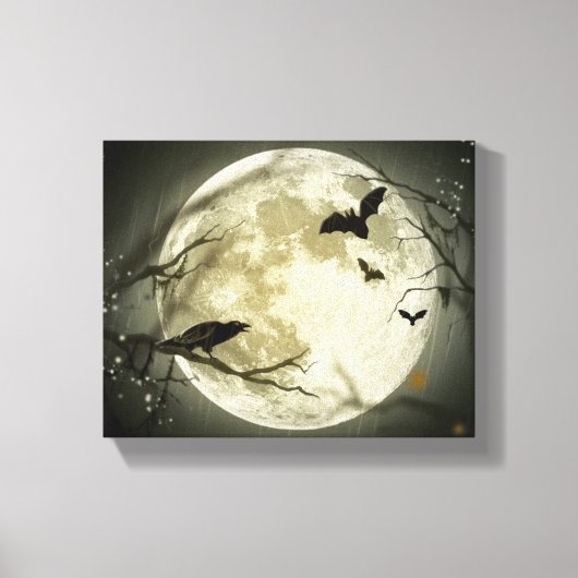 Volle Maan met vleermuizen en Raven. Canvas Afdruk (Voorkant)