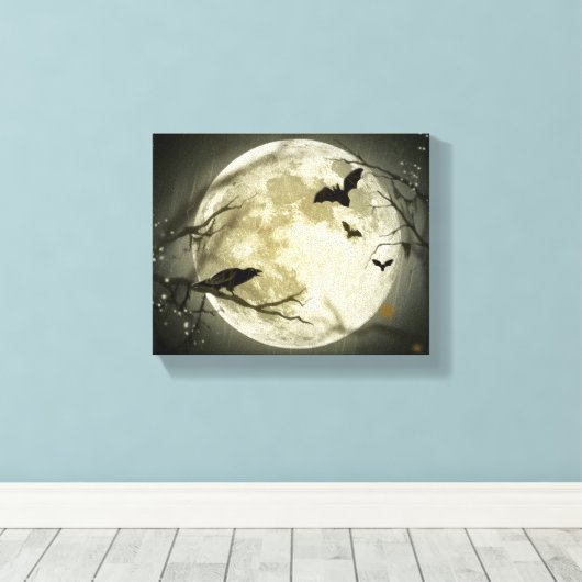 Volle Maan met vleermuizen en Raven. Canvas Afdruk (Insitu (Houten vloer))