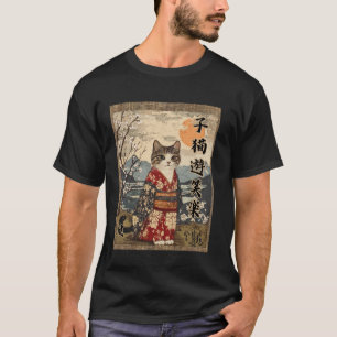 Volle maan Nacht Kat Cute Kimono Bloemen Kanji Zen T-shirt