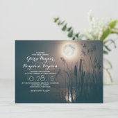 Volle maan nacht libel & water gras bruiloft kaart (Staand voorkant)