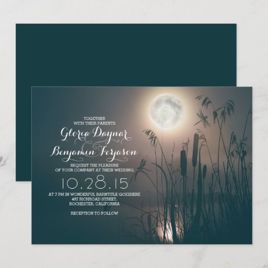 Volle maan nacht libel & water gras bruiloft kaart (Voorkant / Achterkant)
