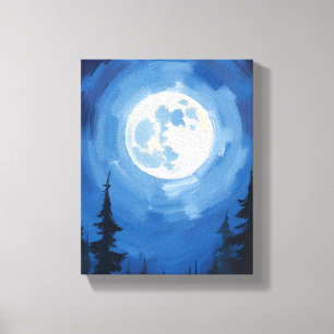 Volle Maan Nachtelijke Bos Waterverfschilderij Canvas Afdruk