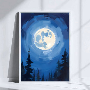 Volle Maan   Nachtelijke Bos Waterverfschilderij Poster