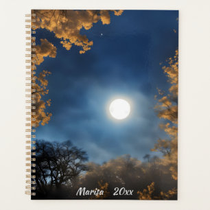Volle maan omlijst door bomen planner