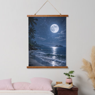 Volle Maan Over Tropisch Strand Nacht Acryl  Hangend Wandkleed