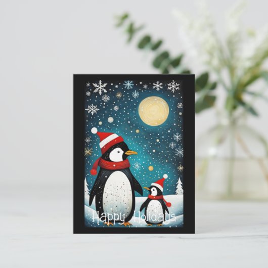 Volle Maan Sneeuwrijke Winter Santa Pinguïn Kerstm Feestdagenkaart (Staand voorkant)