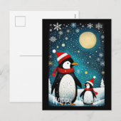Volle Maan Sneeuwrijke Winter Santa Pinguïn Kerstm Feestdagenkaart (Voorkant / Achterkant)