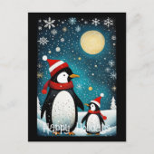 Volle Maan Sneeuwrijke Winter Santa Pinguïn Kerstm Feestdagenkaart (Voorkant)