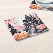 Volle maan spookhuis Halloween Kartonnen Onderzetters (Schuin)