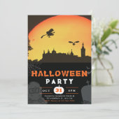 Volle Maan Vliegende Heksenstad Zwart Halloween Kaart (Staand voorkant)