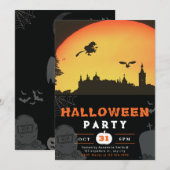 Volle Maan Vliegende Heksenstad Zwart Halloween Kaart (Voorkant / Achterkant)