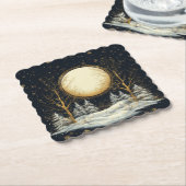 Volle Maan Winter Pine Tree Forest Snowflakes Kartonnen Onderzetters (Gebogen)
