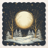 Volle Maan Winter Pine Tree Forest Snowflakes Kartonnen Onderzetters (Voorkant)