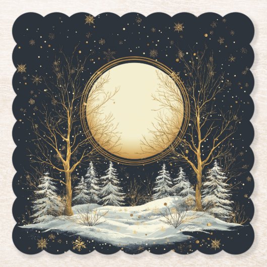 Volle Maan Winter Pine Tree Forest Snowflakes Kartonnen Onderzetters (Voorkant)