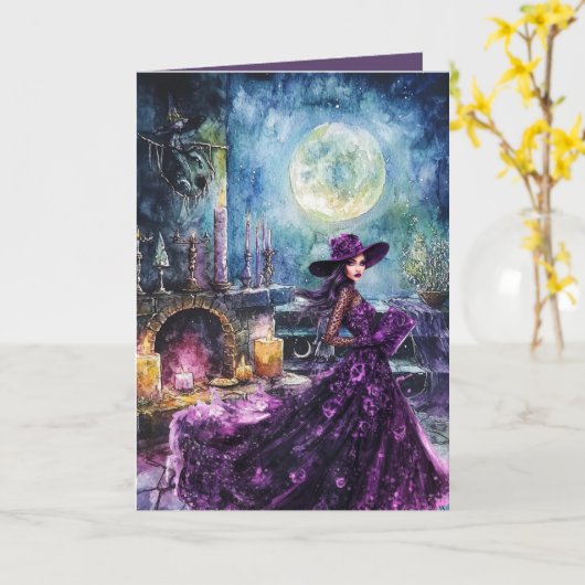 Volle Maan Witching Time Halloween Kaart (Gele Bloem)