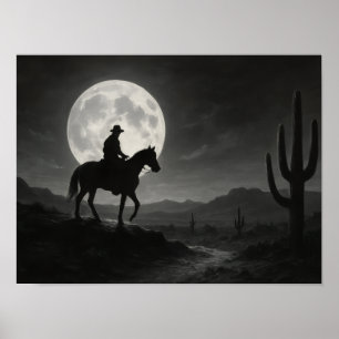 Volle Maan Woestijnprint - Zilveren Nacht Western Poster