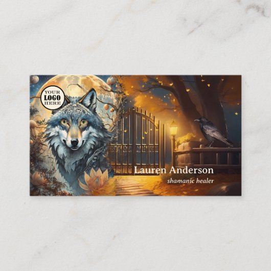 Volle Maan Wolf Logo QR Code Shaman Visitekaartje (Voorkant)