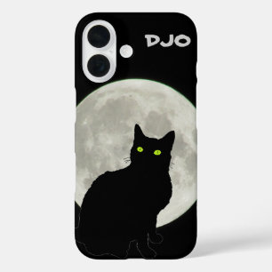 Volle maan zwarte kat kijkt omhoog iPhone 16 hoesje