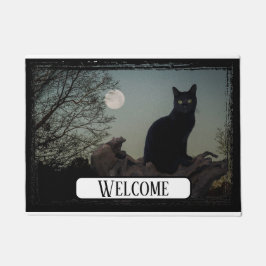 Volle maan zwarte kat op een boom deurmat