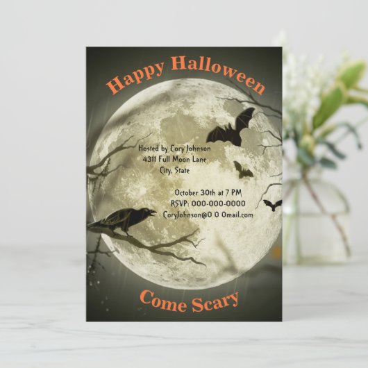 Volle maanlicht nacht, zwarte kraai, vleermuizen,  kaart (Staand voorkant)