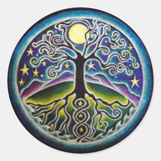 Volle Moon Tree of Life Sterrennacht Mandala Stick Ronde Sticker (Voorkant)