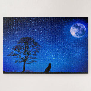 Volle Wolf Maan Puzzel Sterrenhemel Blauwe Nacht H