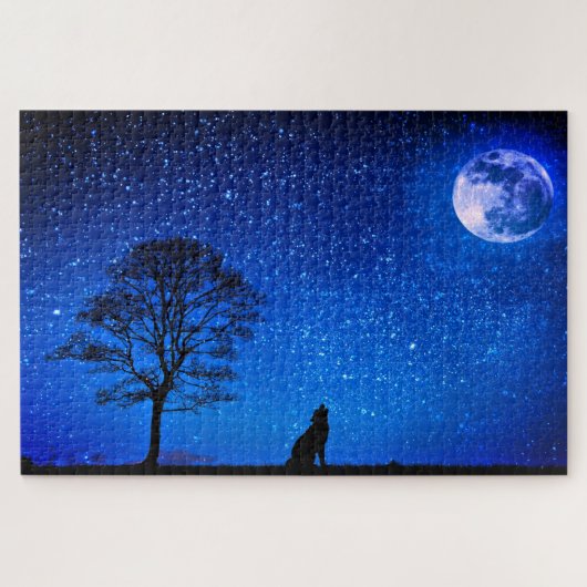 Volle Wolf Maan Puzzel Sterrenhemel Blauwe Nacht H Legpuzzel (Horizontaal)