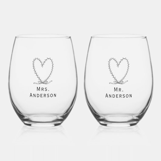 Volledig aanpasbare Mr en Mrs hart bloemig Wijnglas Zonder Voet (Voorkant)