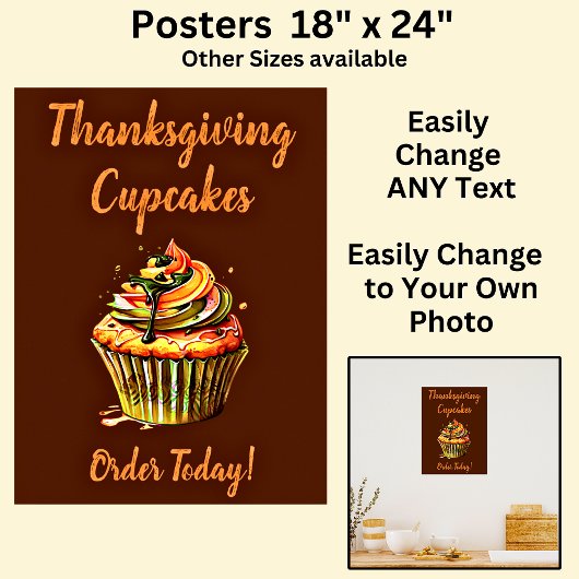 Volledig bewerkbare Thanksgiving Cupcakes, Cake St Poster